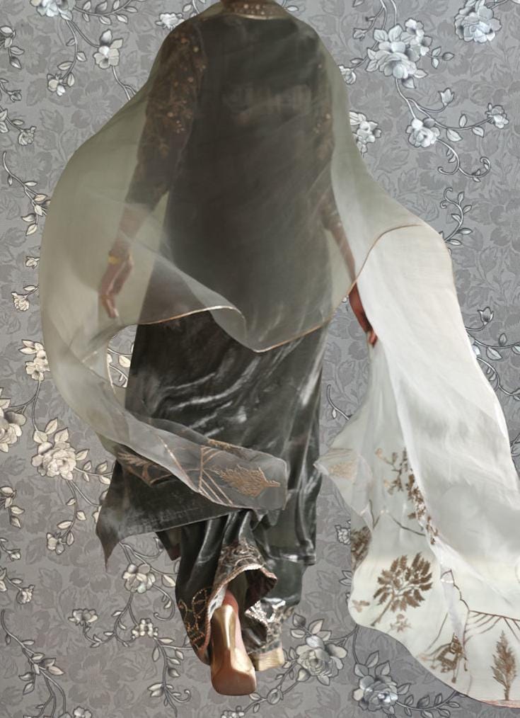 a person wearing a long, flowing dress with a sheer, sheer-like fabric draped over their body.