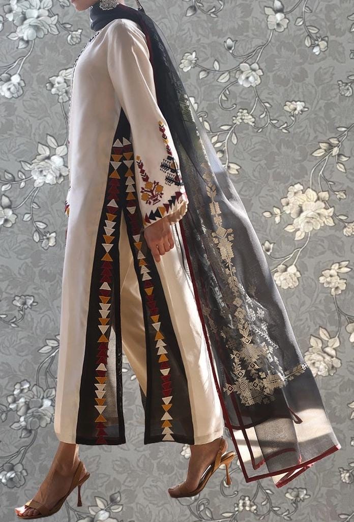 Ivory Silk Tunic with Embroidered Black Dupatta - Elegant & Modern Ladies Outfit Pink Tulip PR-0194