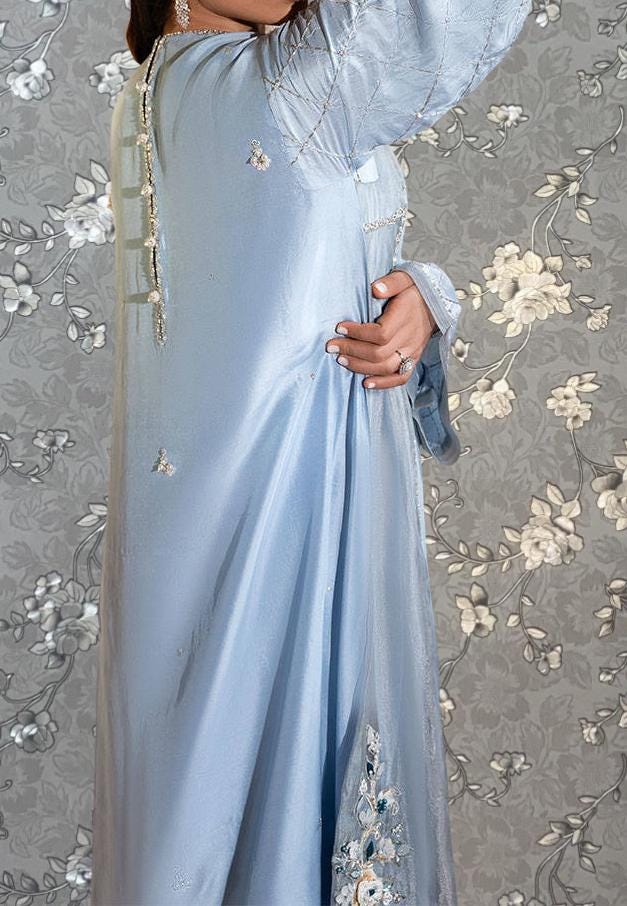 A woman wearing a long, light blue dress with intricate embroidery stands against a gray floral background.