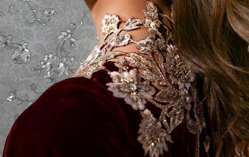 a close-up view of a person's neck and shoulders wearing a red velvet dress with intricate embroidered details, including a large floral pattern.