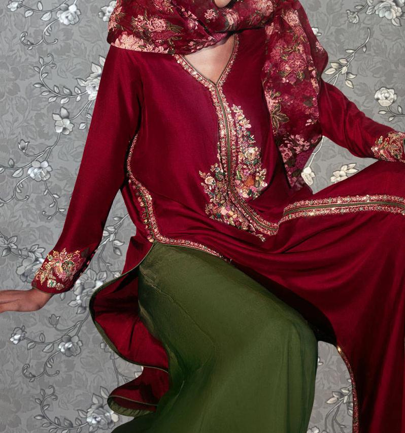 Scarlet Rose Front-Open Formal Gown with Dupatta – 3-Piece Designer Ensemble by Pink Tulip PR-0331