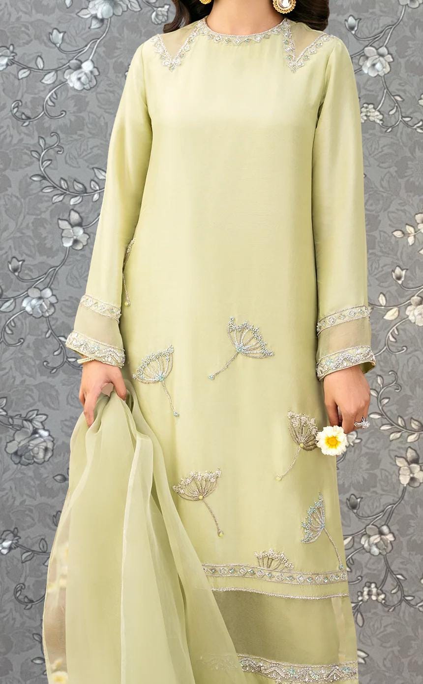 A woman wearing a long, light green dress with intricate embroidered designs, including flowers and leaves, stands against a gray floral background.