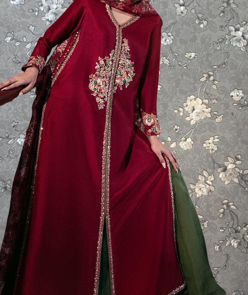 Scarlet Rose Front-Open Formal Gown with Dupatta – 3-Piece Designer Ensemble by Pink Tulip PR-0331
