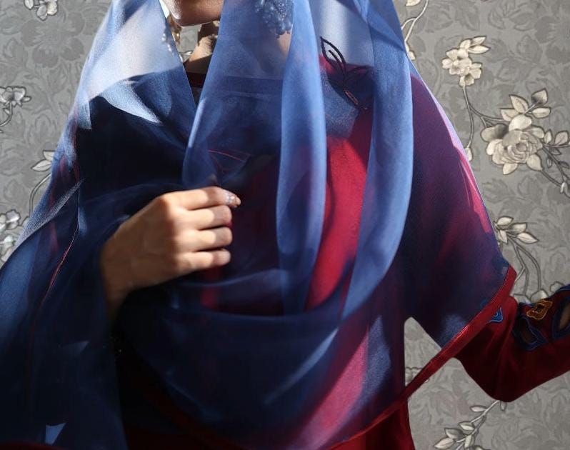 A person wearing a red and blue dress with a blue scarf draped over their head, partially obscuring their face.