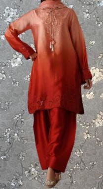 A person wearing a vibrant red dress with intricate embroidery, standing against a gray floral background.
