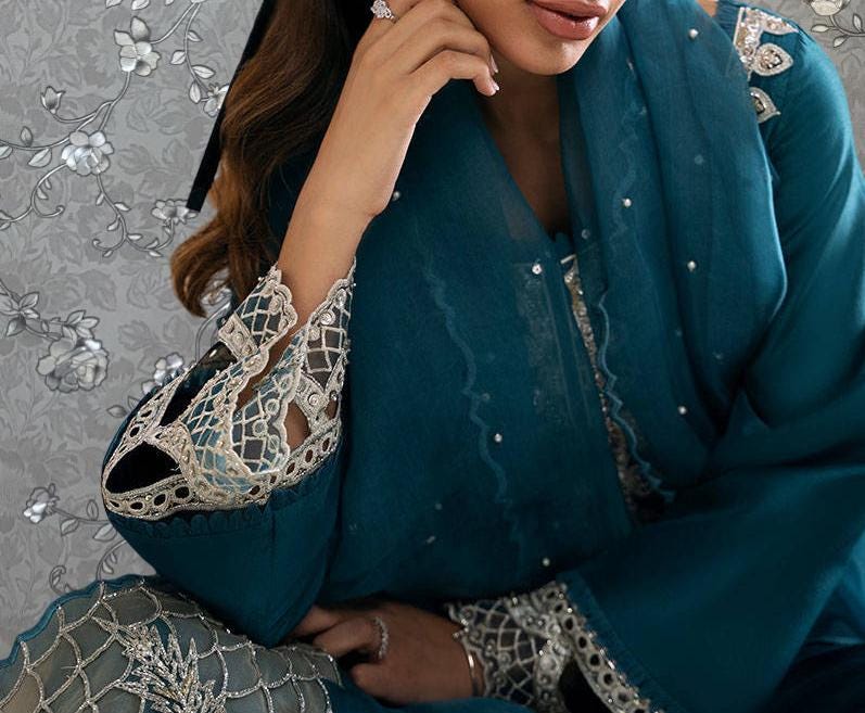 Teal Blue Embroidered 3-Piece Formal Suit | Royal Ethnic Wear by Pink Tulip PR-0334