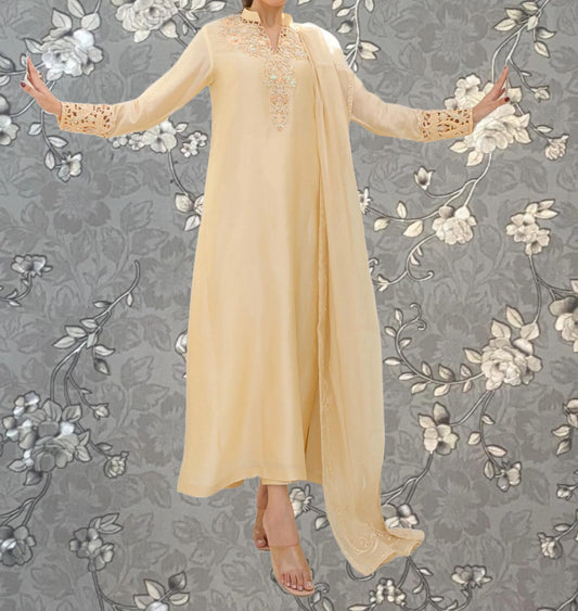 A woman wearing a long, cream-colored dress with intricate embroidery stands in front of a gray floral patterned background.