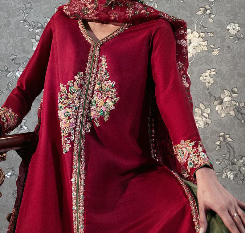 Scarlet Rose Front-Open Formal Gown with Dupatta – 3-Piece Designer Ensemble by Pink Tulip PR-0331