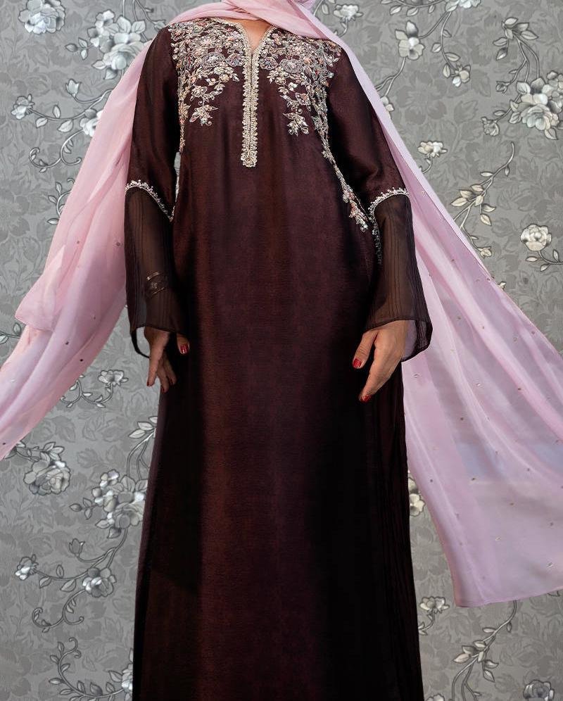 Pink Tulip Embroidered Silk Dress with Chiffon Dupatta | Elegant Brown Party Wear | PR-0389