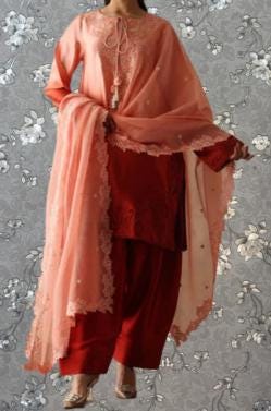 A woman wearing a peach-colored dress with a red skirt and matching heels, standing against a gray floral background.