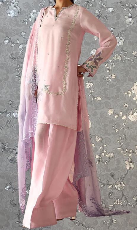 A woman wearing a pink dress with floral embroidery and a matching pink shawl stands against a gray floral background.