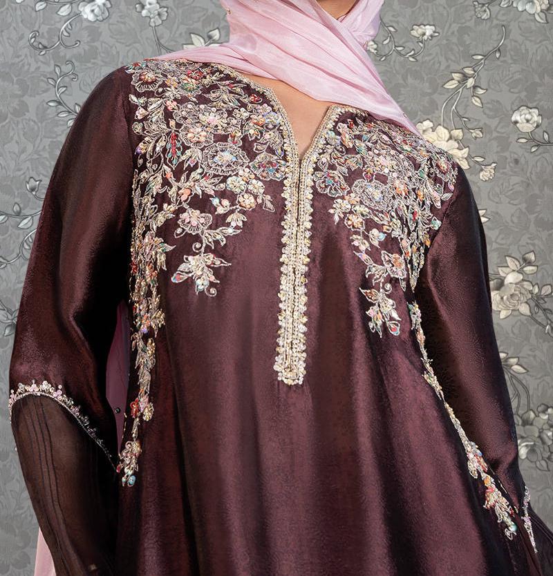 A close-up of a person wearing a dark purple dress with intricate embroidery and a pink scarf.