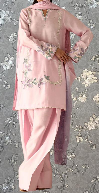 A woman wearing a pink dress with floral embroidery stands against a gray floral background.