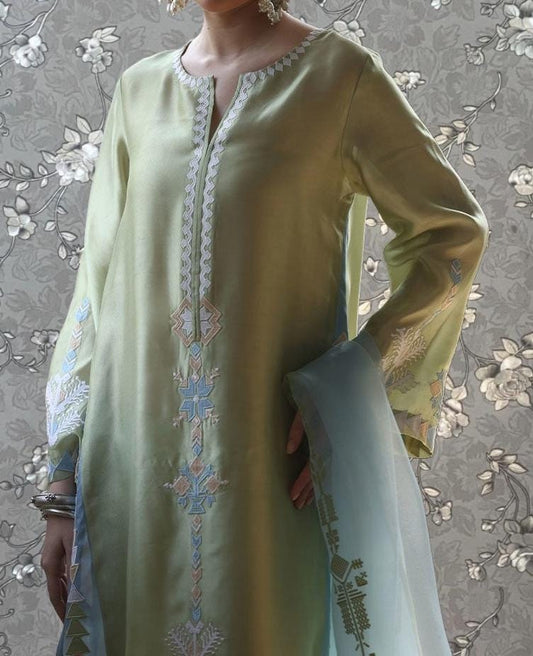 A woman wearing a green dress with intricate embroidered patterns on the sleeves and collar.