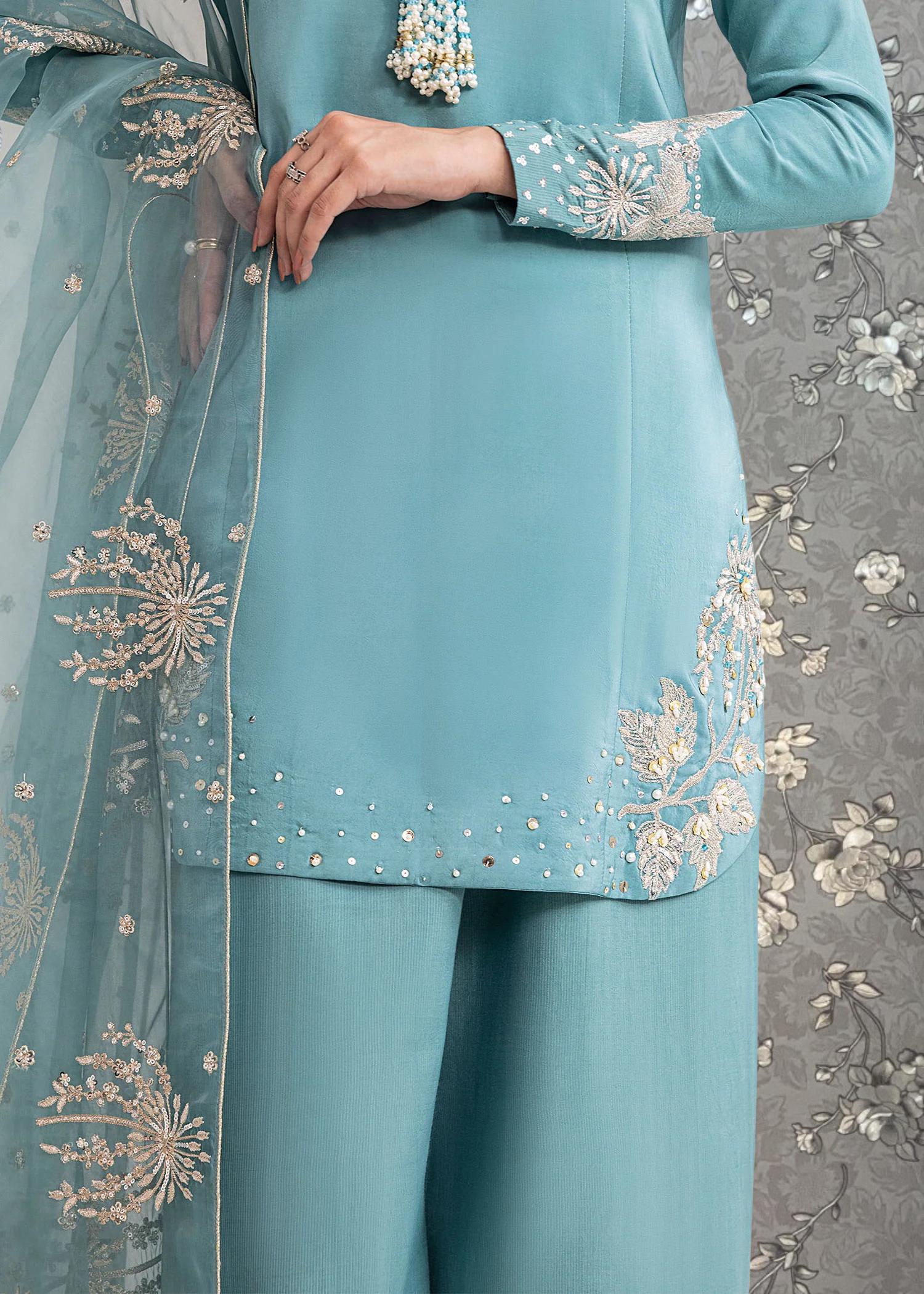 A close-up view of a person wearing a light blue dress with intricate embroidered designs on the sleeves and hem.