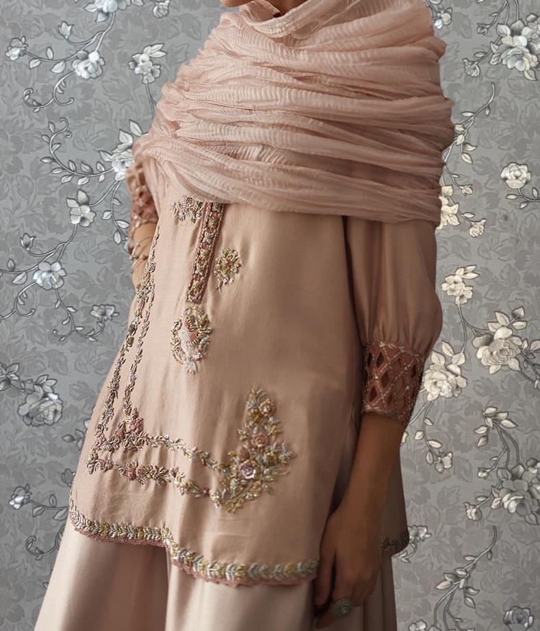 A woman wearing a pink dress with intricate embroidery and a matching pink shawl stands against a gray floral background.