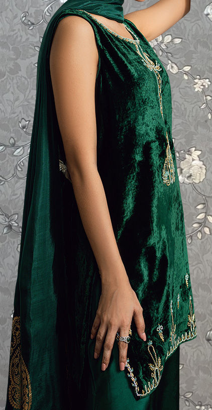 A woman wearing a green velvet dress with gold embroidery poses against a gray floral background.