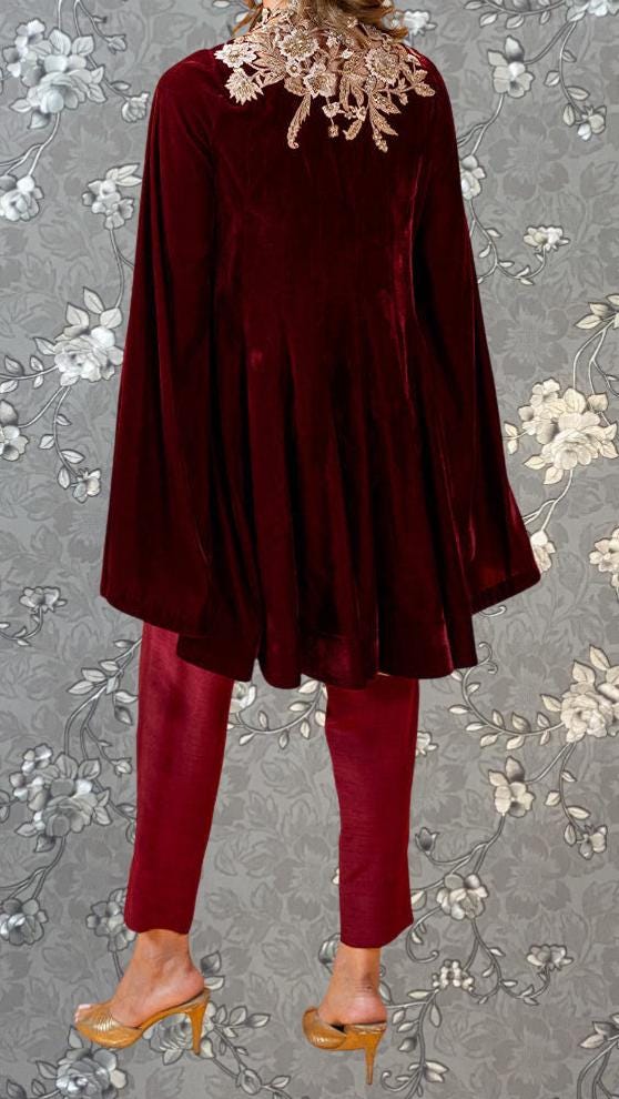 Crimson Velvet Cape Top with Embroidery | Festive Cape Outfit by Pink Tulip PR-0337