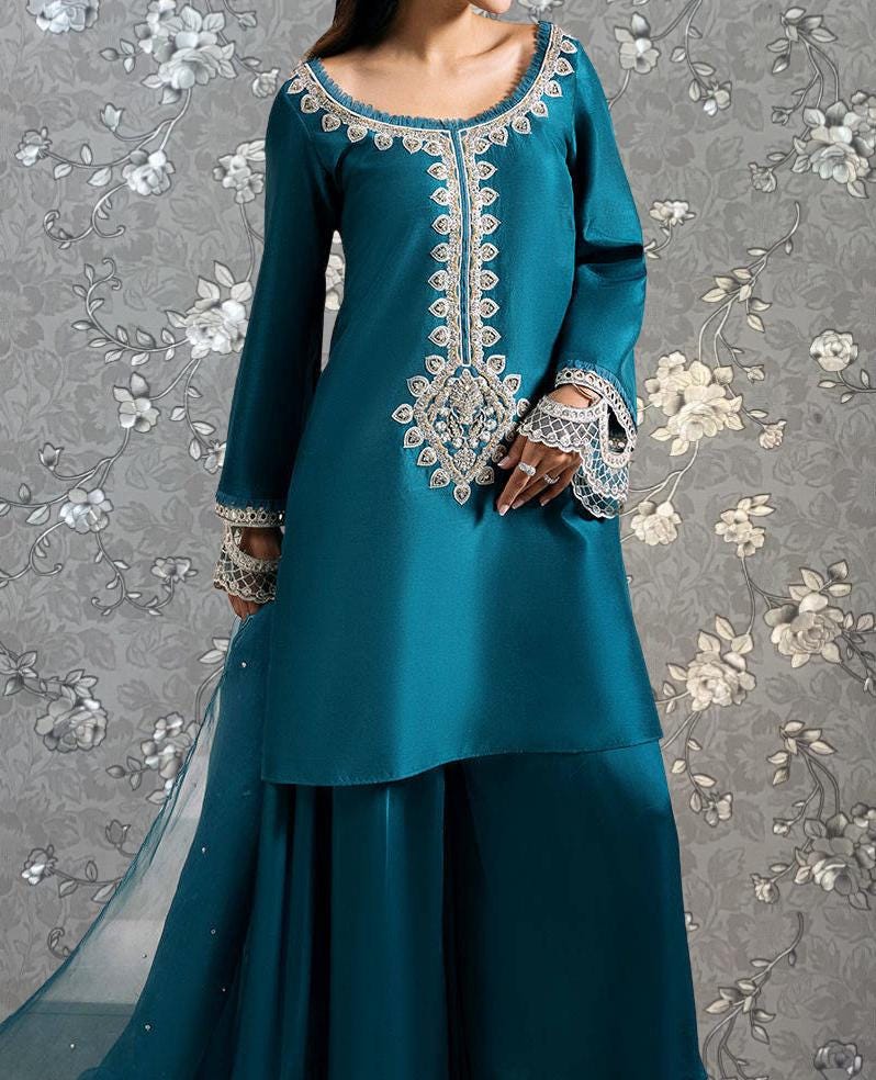 Teal Blue Embroidered 3-Piece Formal Suit | Royal Ethnic Wear by Pink Tulip PR-0334