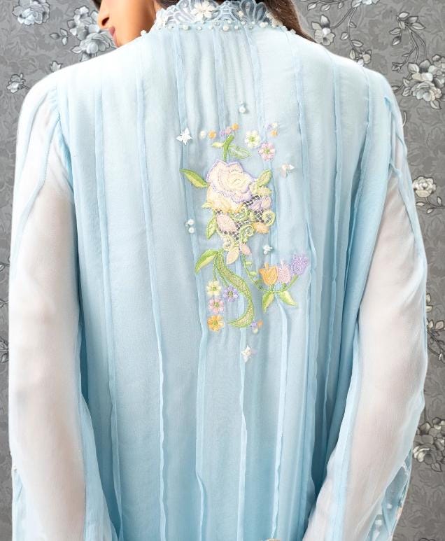 the back of a person wearing a light blue dress with a floral embroidered design on the back.