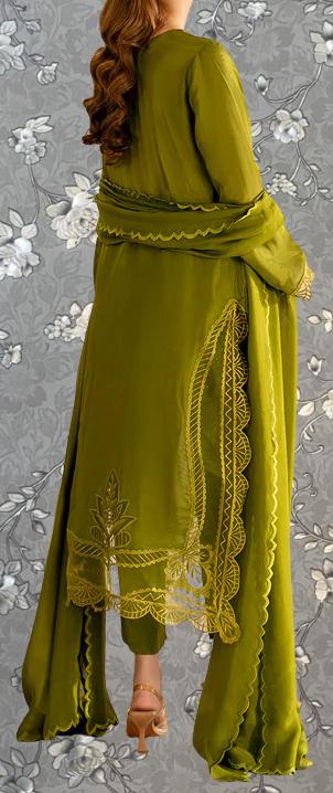 A woman wearing a long, green dress with intricate embroidery and a matching green shawl.