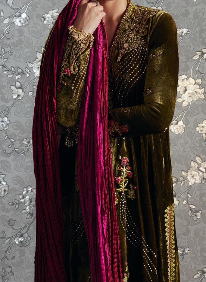A person wearing a long, ornate green velvet dress with gold embroidery and a red scarf draped over their shoulder.