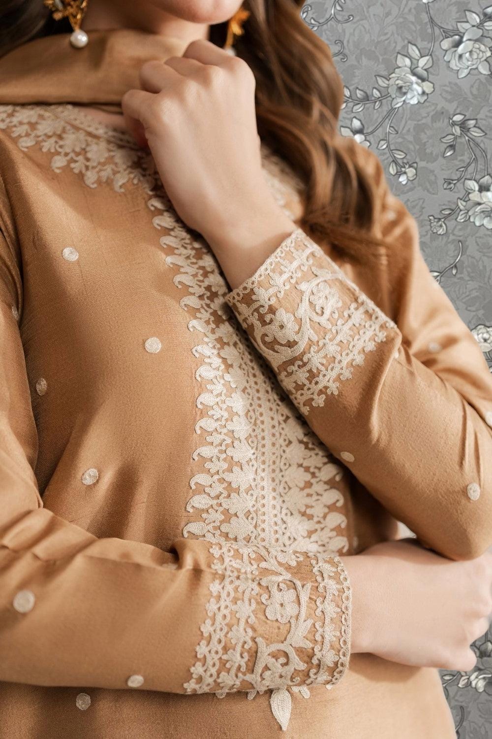 A close-up of a person wearing a beige dress with intricate embroidered patterns on the sleeves and collar.