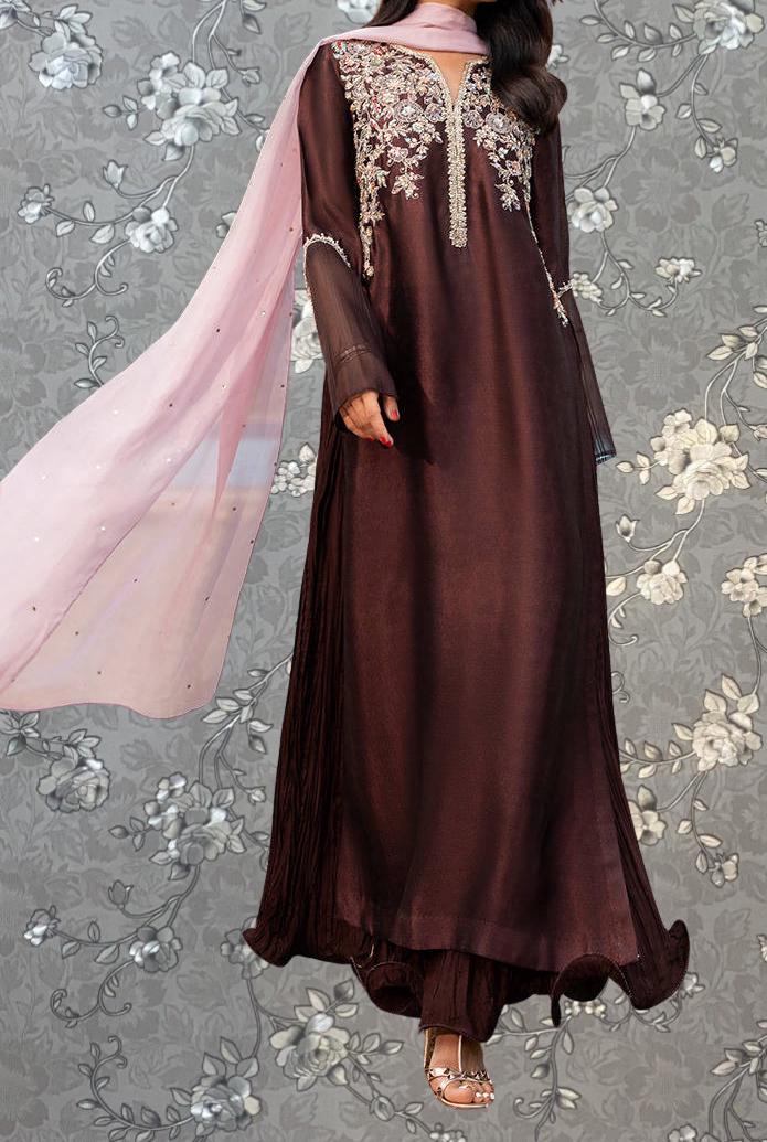 Pink Tulip Embroidered Silk Dress with Chiffon Dupatta | Elegant Brown Party Wear | PR-0389