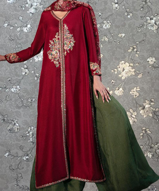 Scarlet Rose Front-Open Formal Gown with Dupatta – 3-Piece Designer Ensemble by Pink Tulip PR-0331