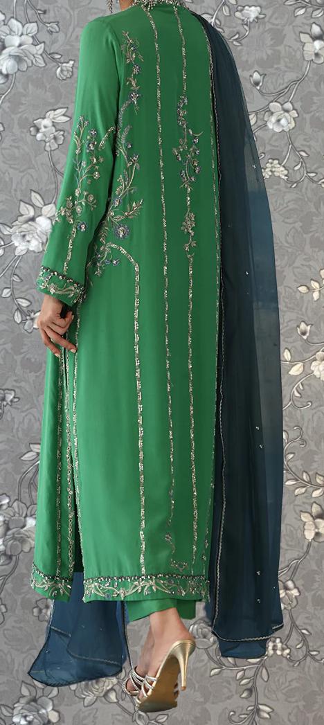 A person wearing a long green dress with intricate embroidery and a matching green shawl.