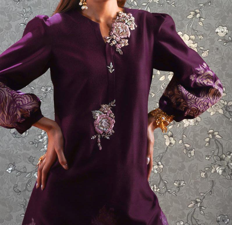 Plum Blossom Embroidered Formal Dress – 3 Piece Designer Outfit by Pink Tulip PR-0329