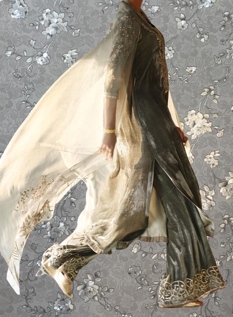 Charcoal Grey Embellished Formal Set | Velvet Kurta with Palazzo Organza Dupatta | Wedding & Festive Wear Pink Tulip PR-0518