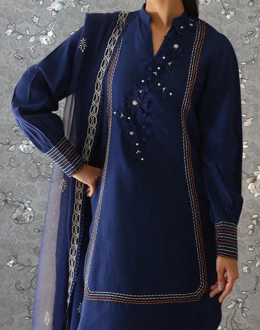A person wearing a navy blue dress with intricate embroidery and a matching shawl.