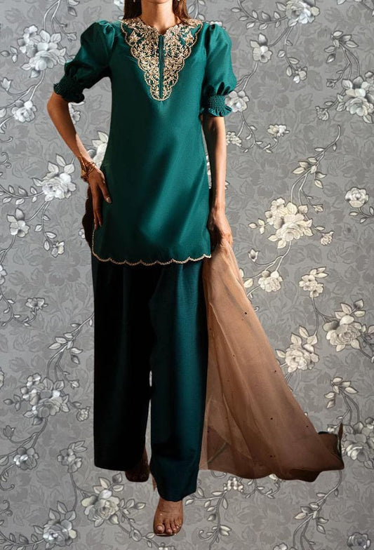 Emerald Green Embroidered Formal Suit – 3-Piece Modest Ensemble by Pink Tulip PR-0333