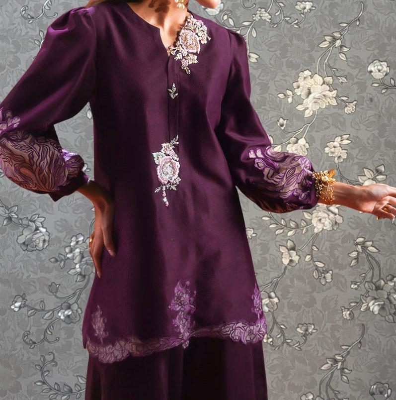 Plum Blossom Embroidered Formal Dress – 3 Piece Designer Outfit by Pink Tulip PR-0329