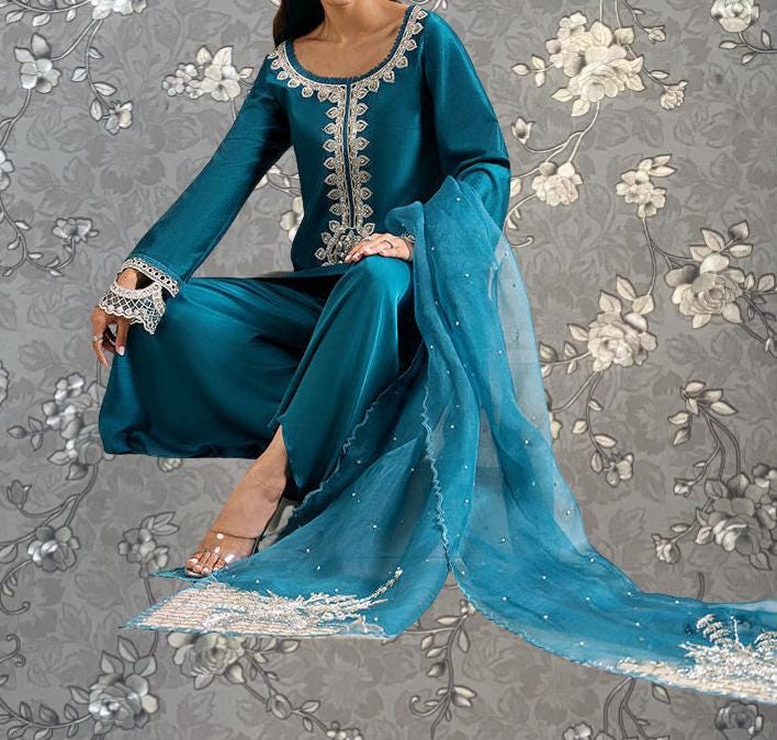 Teal Blue Embroidered 3-Piece Formal Suit | Royal Ethnic Wear by Pink Tulip PR-0334