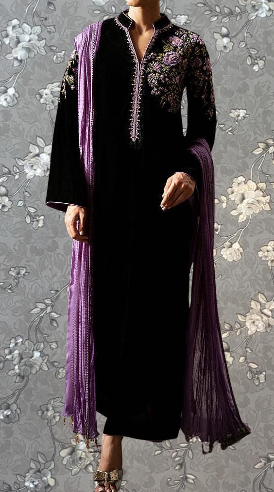 Black Velvet Kaftan with Lavender Floral Embroidery | Formal Long Dress by Pink Tulip PR-0336