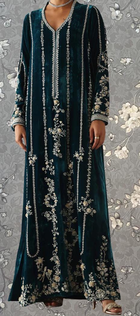 A long, dark green velvet dress with intricate floral embroidery.