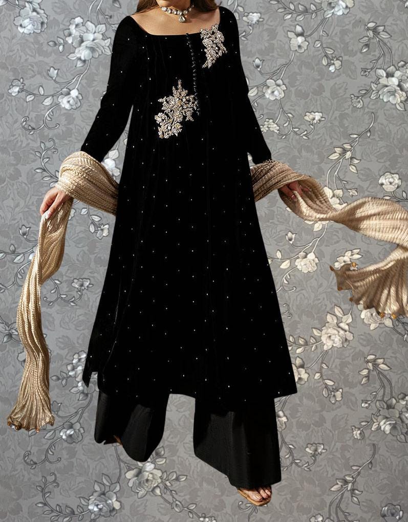 Black Velvet Formal Set with Pearl Embellishments | Luxury Wear Pink Tulip PR-0338