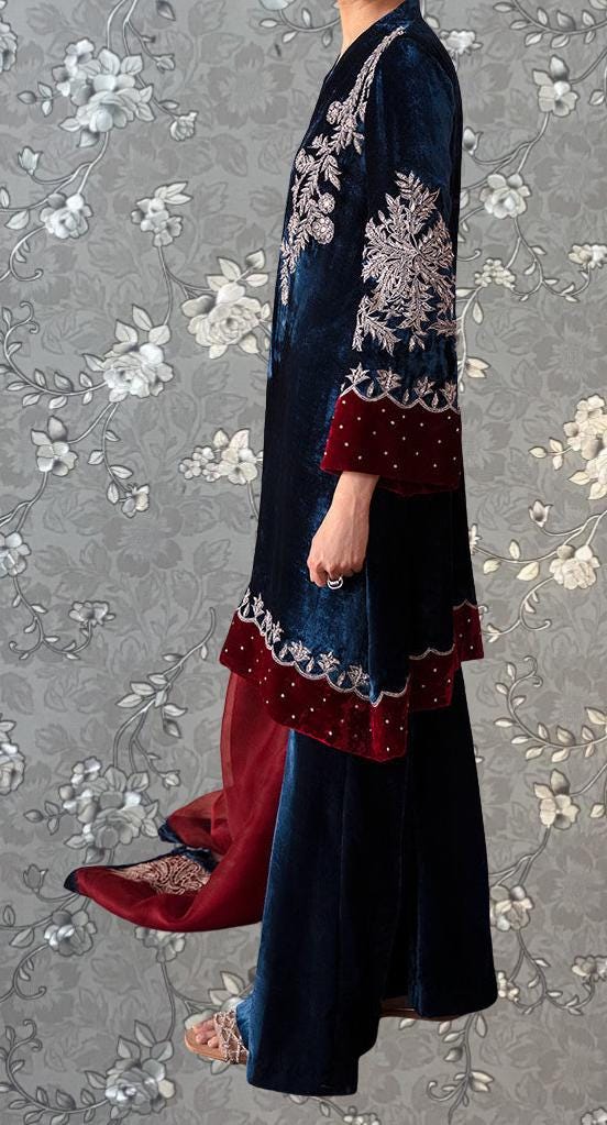 A person wearing a long, dark blue velvet dress with red trim and intricate embroidery stands against a gray floral background.
