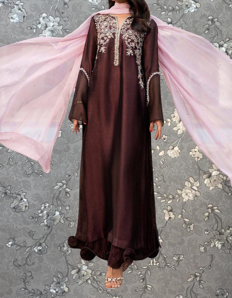 Pink Tulip Embroidered Silk Dress with Chiffon Dupatta | Elegant Brown Party Wear | PR-0389