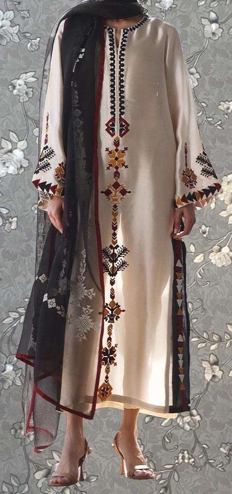 Ivory Silk Tunic with Embroidered Black Dupatta - Elegant & Modern Ladies Outfit Pink Tulip PR-0194