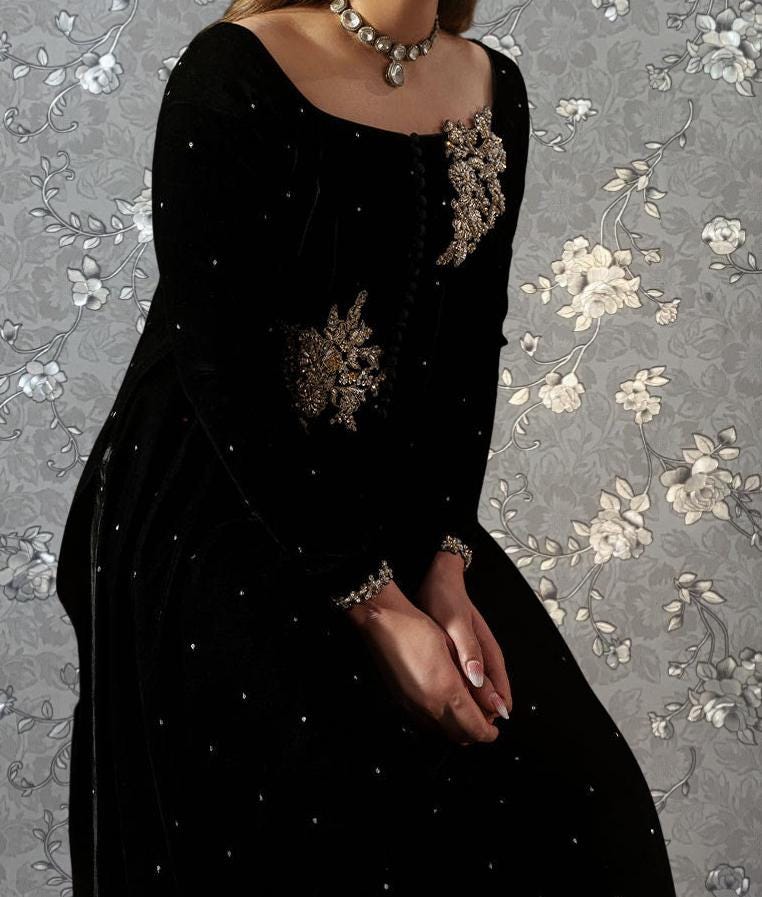 Black Velvet Formal Set with Pearl Embellishments | Luxury Wear Pink Tulip PR-0338