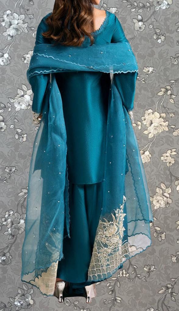 Teal Blue Embroidered 3-Piece Formal Suit | Royal Ethnic Wear by Pink Tulip PR-0334
