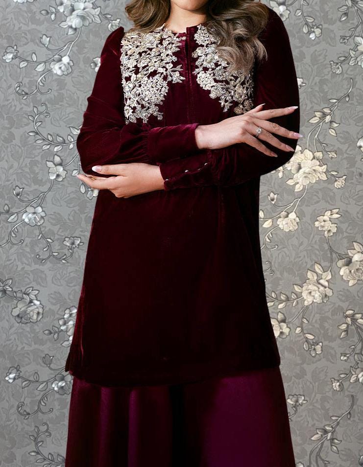 Crimson Velvet Embroidered Formal Suit | 2-Piece Pakistani Outfit by Pink Tulip PR-0335