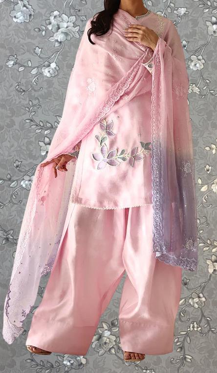 A woman wearing a pink and purple traditional Indian outfit, including a shawl and pants, stands against a gray floral background.