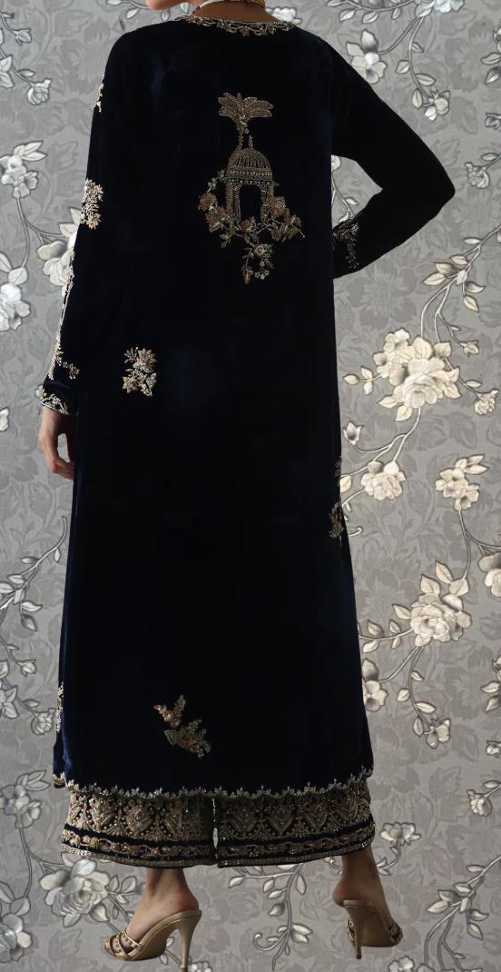 a person wearing a long black velvet dress with intricate embroidered designs on the back.