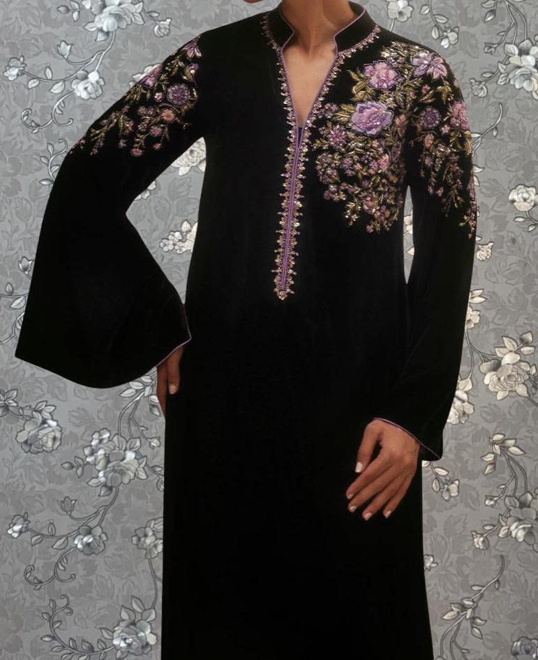 Black Velvet Kaftan with Lavender Floral Embroidery | Formal Long Dress by Pink Tulip PR-0336