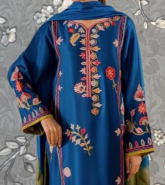 A close-up of a person wearing a blue dress with intricate embroidered designs, including flowers and leaves, on the front.