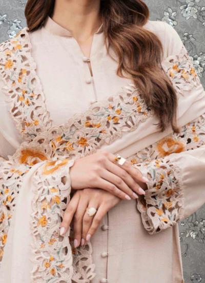 A close-up of a woman's hands wearing a beige dress with intricate embroidered patterns.